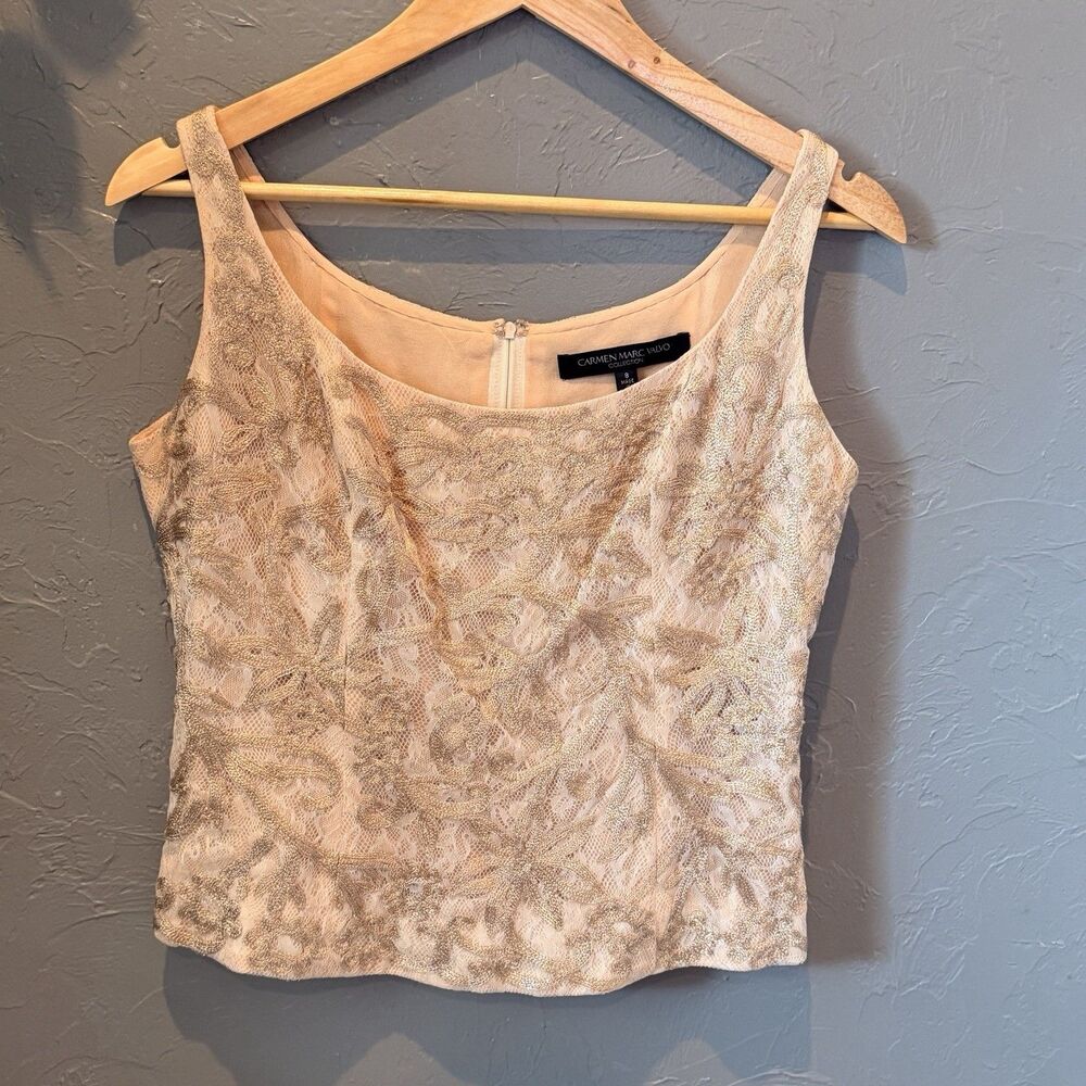 Vintage Y2K Carmen Marc Valvo Lace Cardigan Camisole Twin Set 8 Gold Top 2pc - Picture 6 of 9